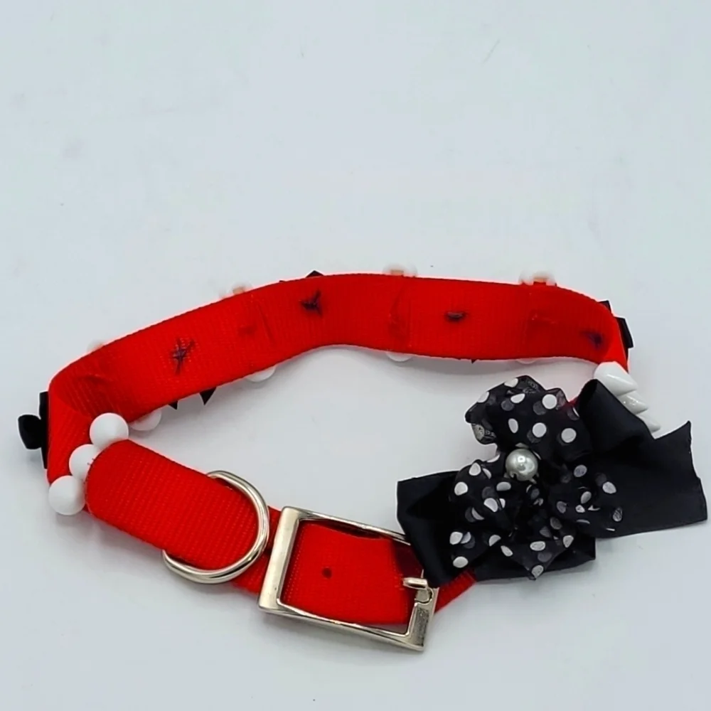 Dog Collar Black Red White Bow Pearls and Spikes